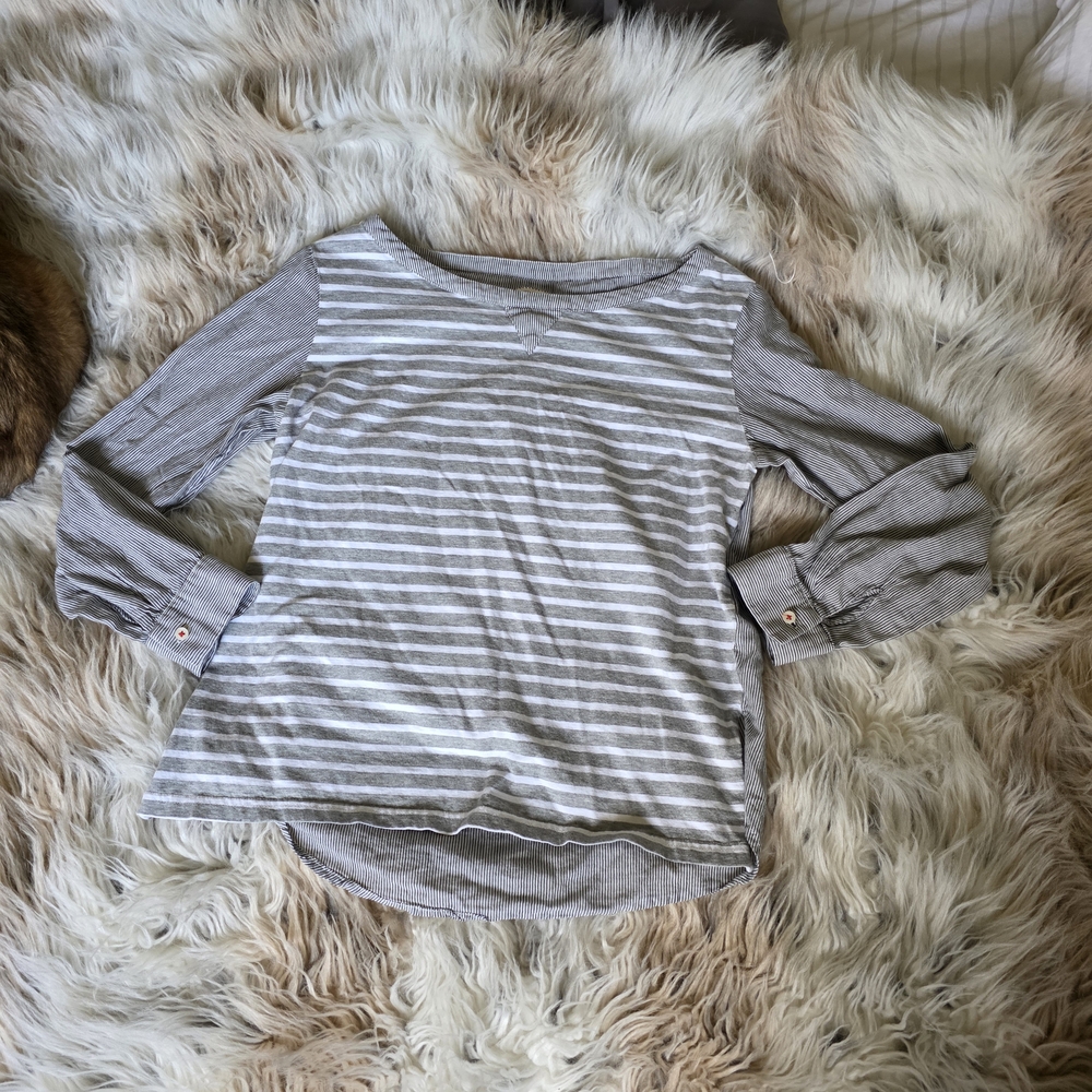 Anthropologie Striped Gray and White Mixed-Media Blouse